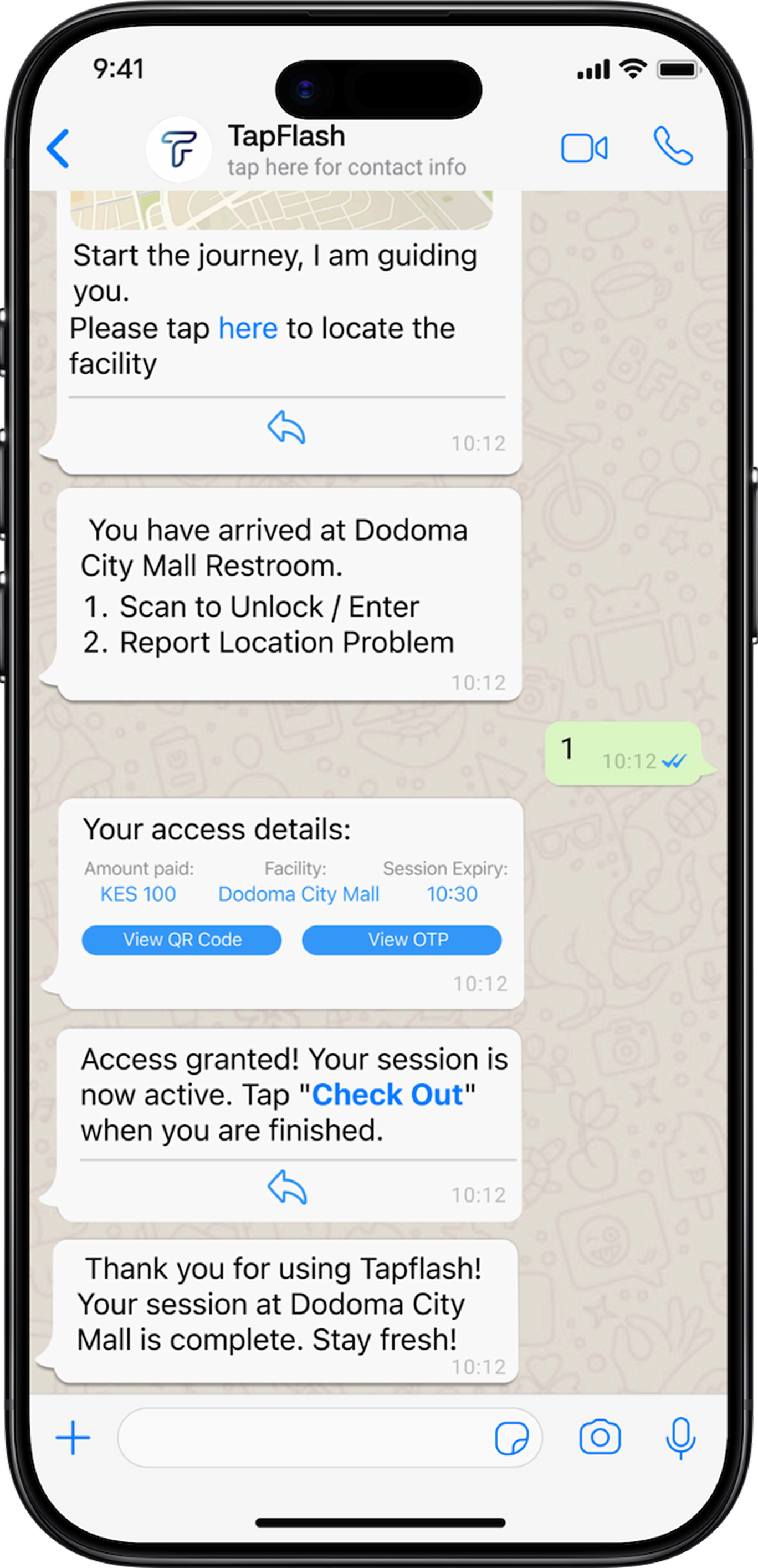 TapFlash confirming payment, access details, and active facility session